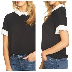 CeCe NWT Pleat Sleeve Ivory Collared Black Crepe Blouse Size XS